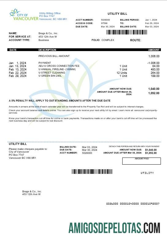 Canadá Colúmbia Britânica Cidade de Vancouver Projeto de lei de serviços públicos modelo